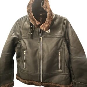NWT Black Leather Bomber Jacket with dark brown shearling, in size Medium